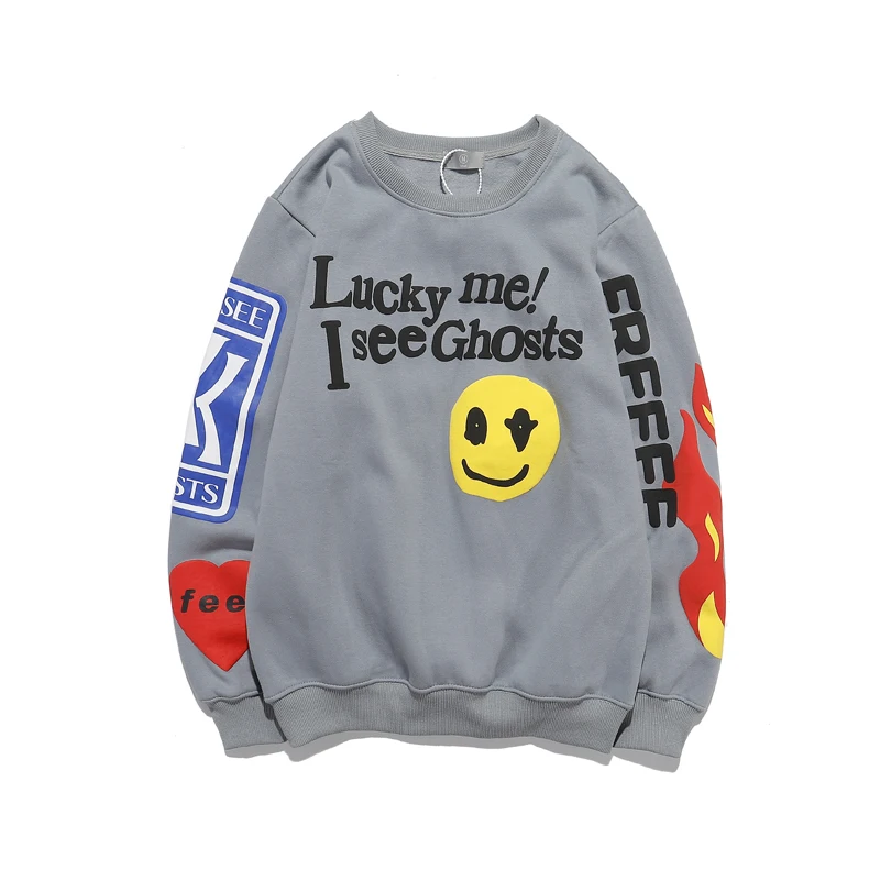 Harajuku Retro huruf api Puff cetak bulat leher Sweatshirt untuk pria dan wanita Plus beludru Streetwear bulu Hoodie Pullover