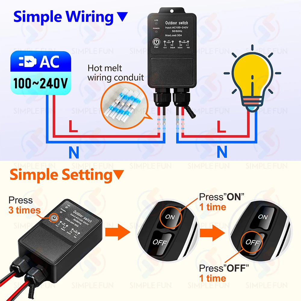 433 ميجا هرتز التيار المتناوب 110 فولت 220 فولت 230 فولت لاسلكي للتحكم عن بعد التبديل مقاوم للماء 30A مرحل عالي الطاقة للتحكم في الإضاءة في الهواء الطلق مروحة مضخة المياه