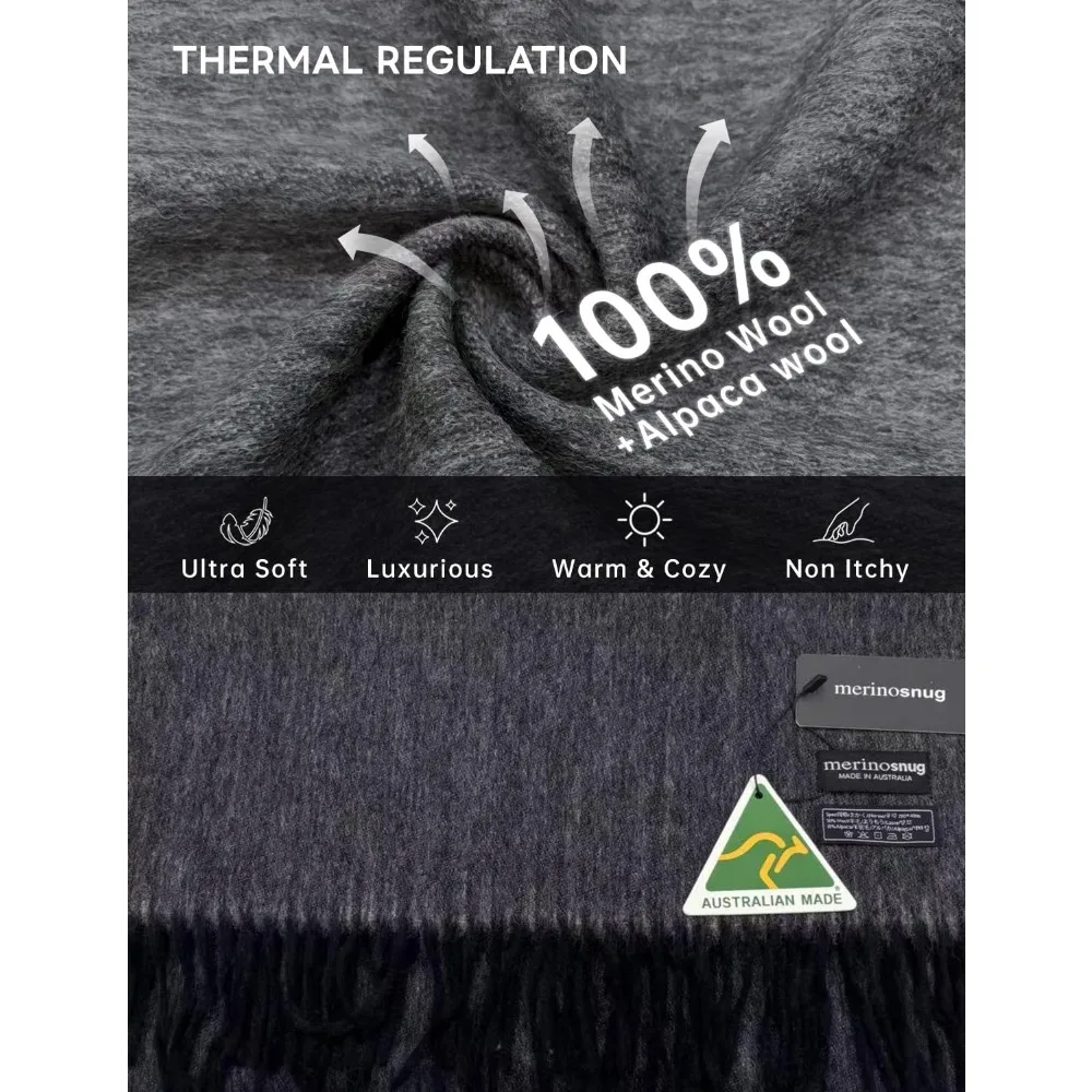 Châle de luxe en mélange de laine mérinos et d'alpaga, enveloppe souple semblable au cachemire pour femme, grande écharpe de voyage, cadeau idéal