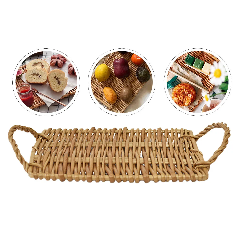 

Natural Food Tray Rattan Snack Plate Breakfast Serving Board Storage Basket Cakes Bread Dinner Tableware