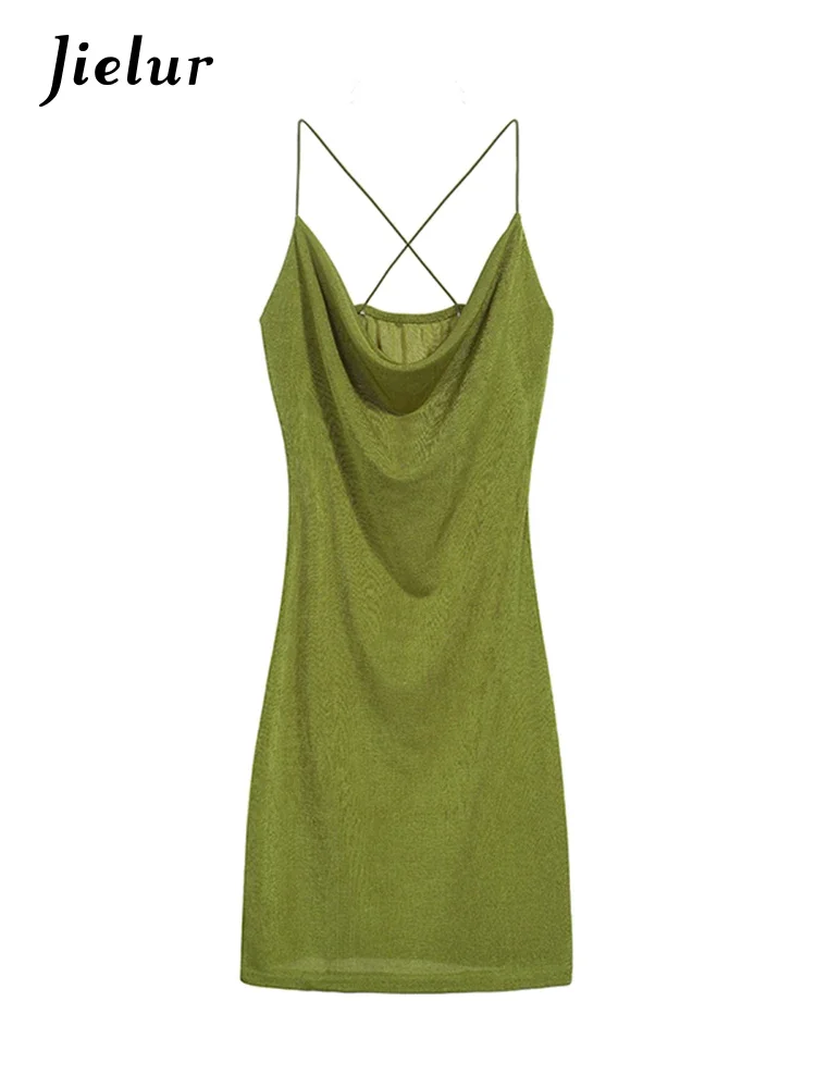 Jielur Green Slim Waist Backless Sexy Female Dress Party Club Elegant Solid Color Sleeveless Summer Tight Hip Women's Dresses
