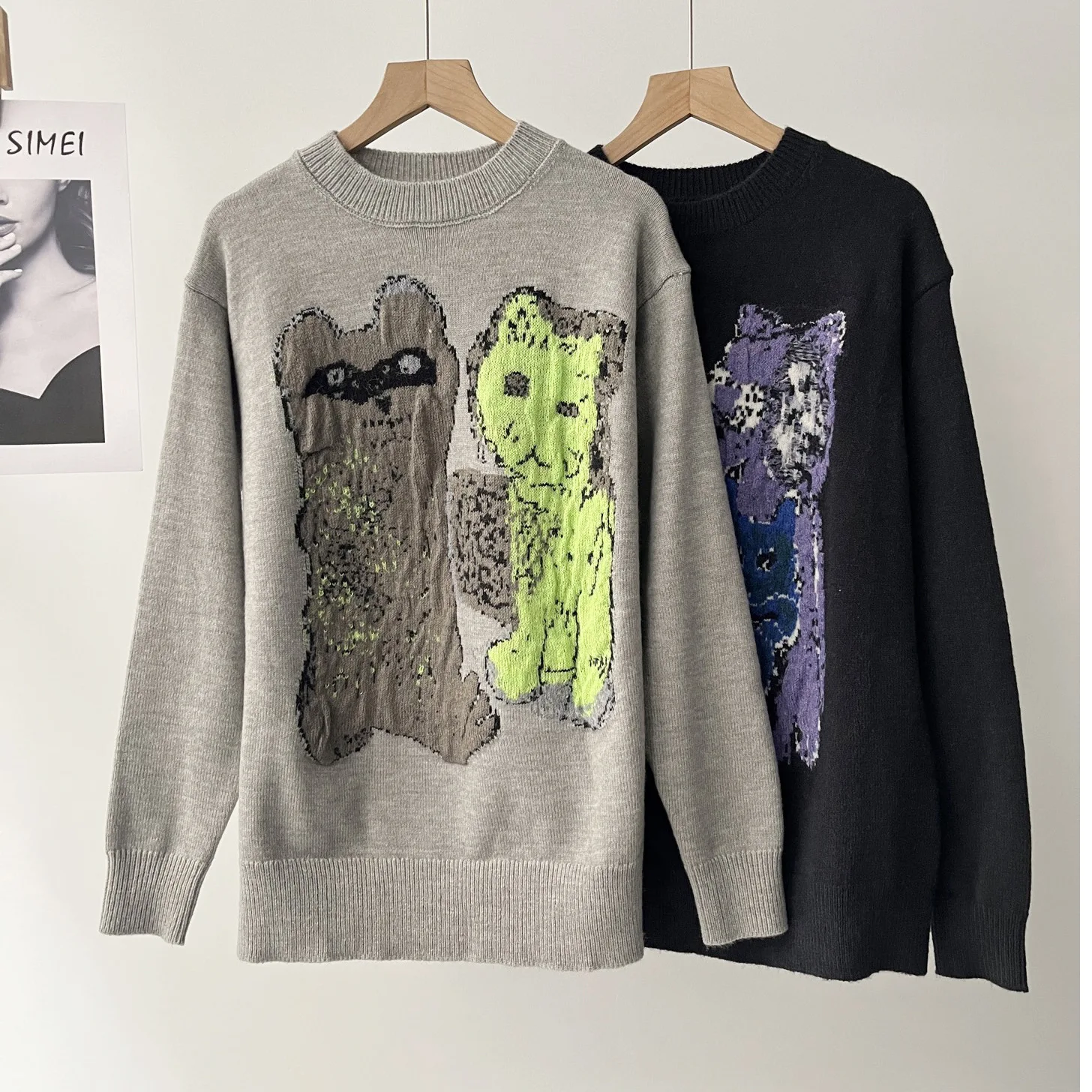 

Fun cartoon jacquard crew neck sweater loose knitted sweater women's pullover autumn and winter 43b-2049