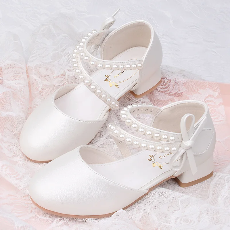 

Spring Summer Girl Princess Shoes Pearl Bowknot Children Party Wedding Dress Sandals Fashion Causal Kids Performance High-heel