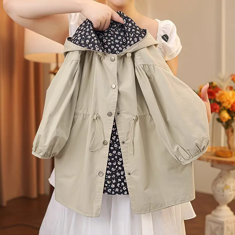 Spring Autumn Children Khaki Color Trench Coat for Girls with Hood Elegant Kids School Clothing Fashion Long Jacket Outfit 5-14Y