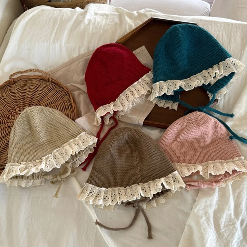 

Милая кружевная зимняя детская шапка с рюшами, теплая детская шапка в стиле принцессы, мягкая вязаная шерстяная шапка для мальчиков и девочек