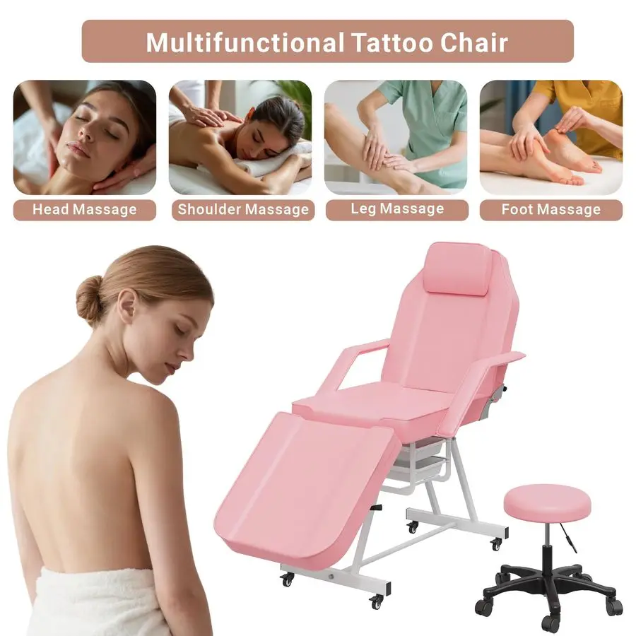 เก้าอี้ปรับระดับได้ 73 นิ้ว พร้อมเก้าอี้ไฮดรอลิกสำหรับนวดสปาเสริมสวย สีชมพู