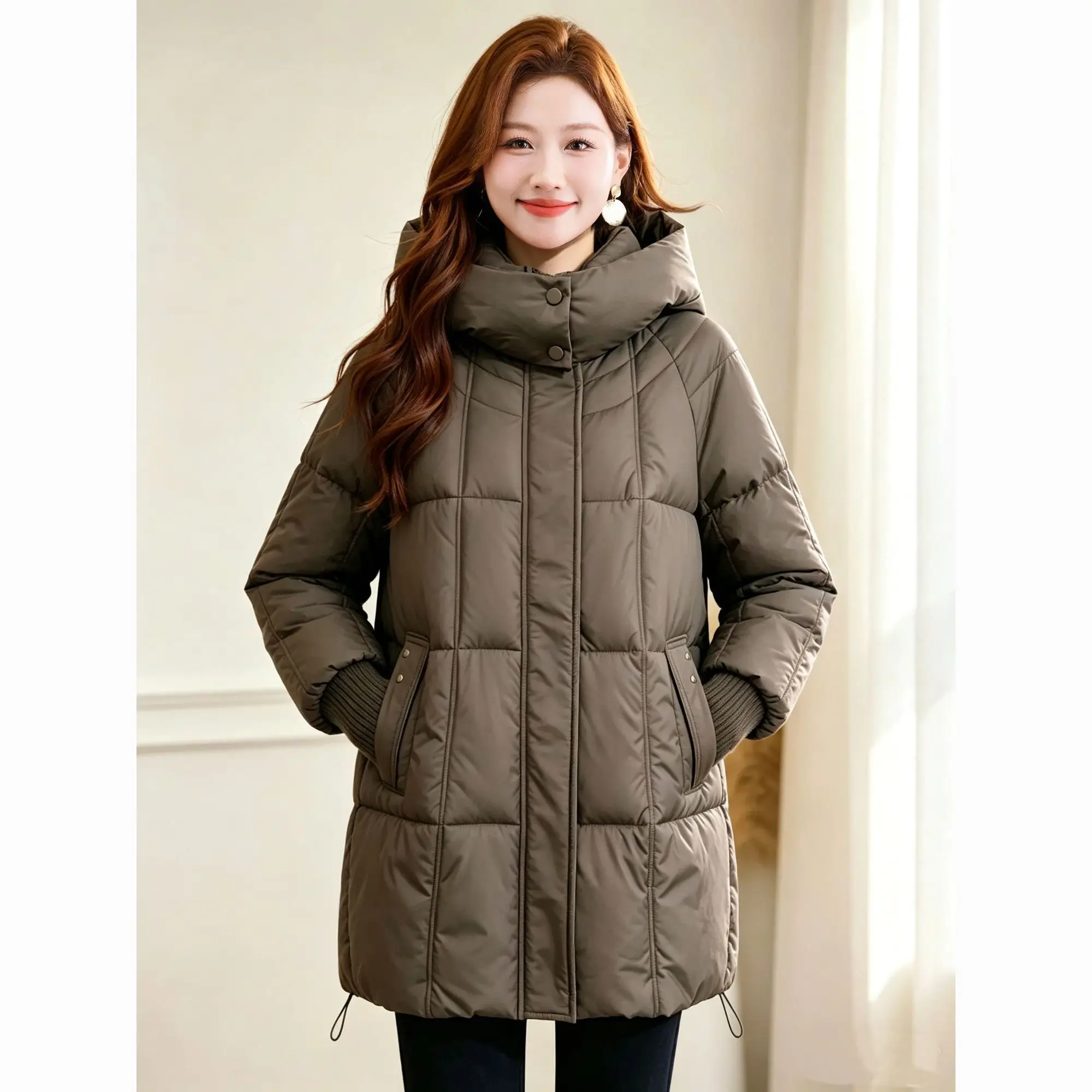 2026 Winter Heart Women's Down Cotton Jacket Loose Windproof Knitted Sleeves Hooded Jacket