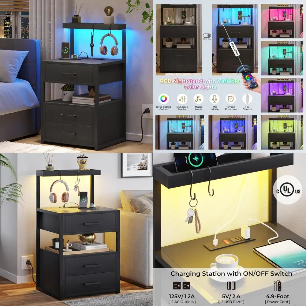 LED Nightstand with Charging Station, 3 Drawers Bedside Table with LED Lights, Black Storage Shelves Night Stand