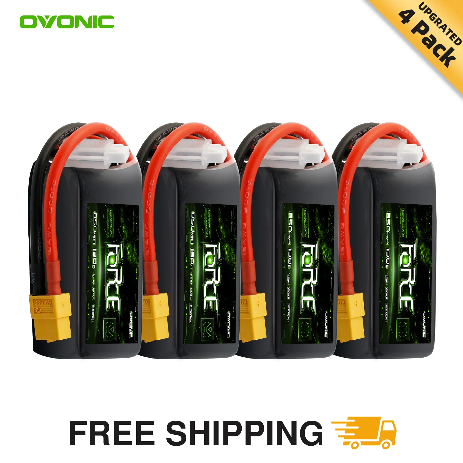 

OVONIC 130C 4S 850mah Lipo Battery 14.8V Pack with XT60 Plug for FPV Racing（4packs)