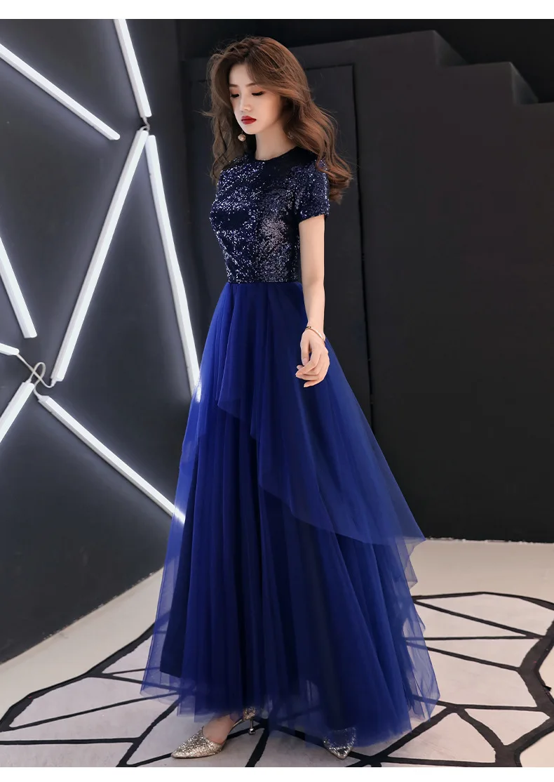 

Short Sleeve Bridesmaid Dresses Navy Blue Flowing Skirt Women Party Dress