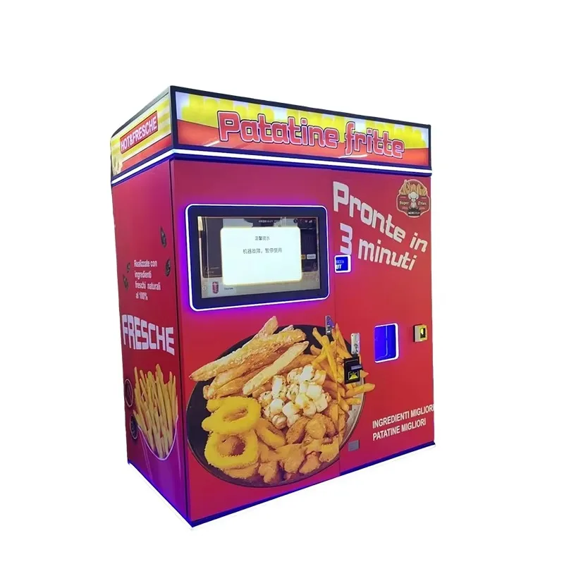 OEM-enabled hot food vending machines with burgers, pizza, fries, and beverages