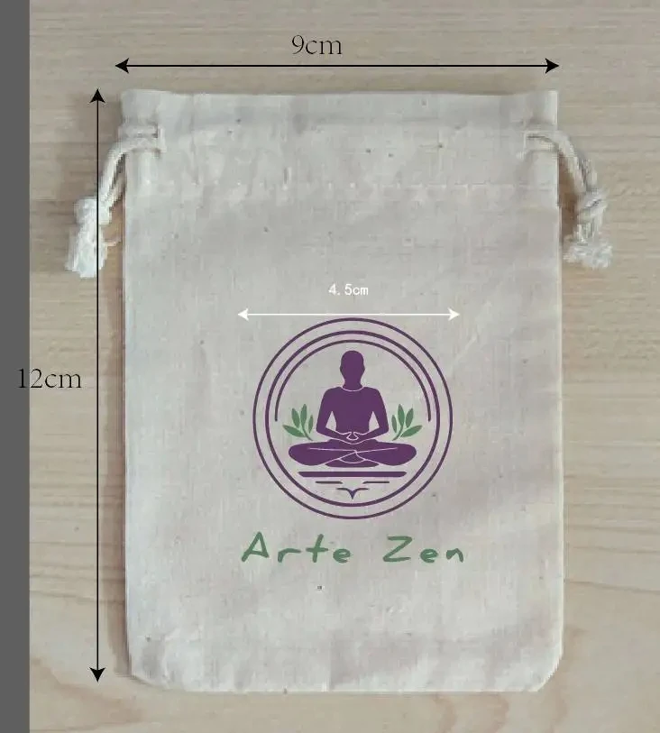 100PCS Customised Logo 9x12cm Natural Cotton Bags Drawstring Gift Pouches Printed With Purple + Green 2 Colors Logo