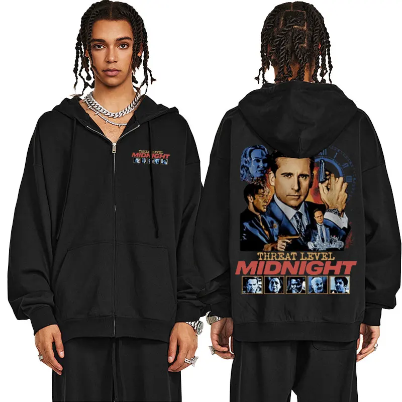 

Threat Level Midnight Michael Scott Homage Zipper Hoodie Tv Series The Office Dwight Schrute Jim Halpert Zip Up Jacket Men Coat