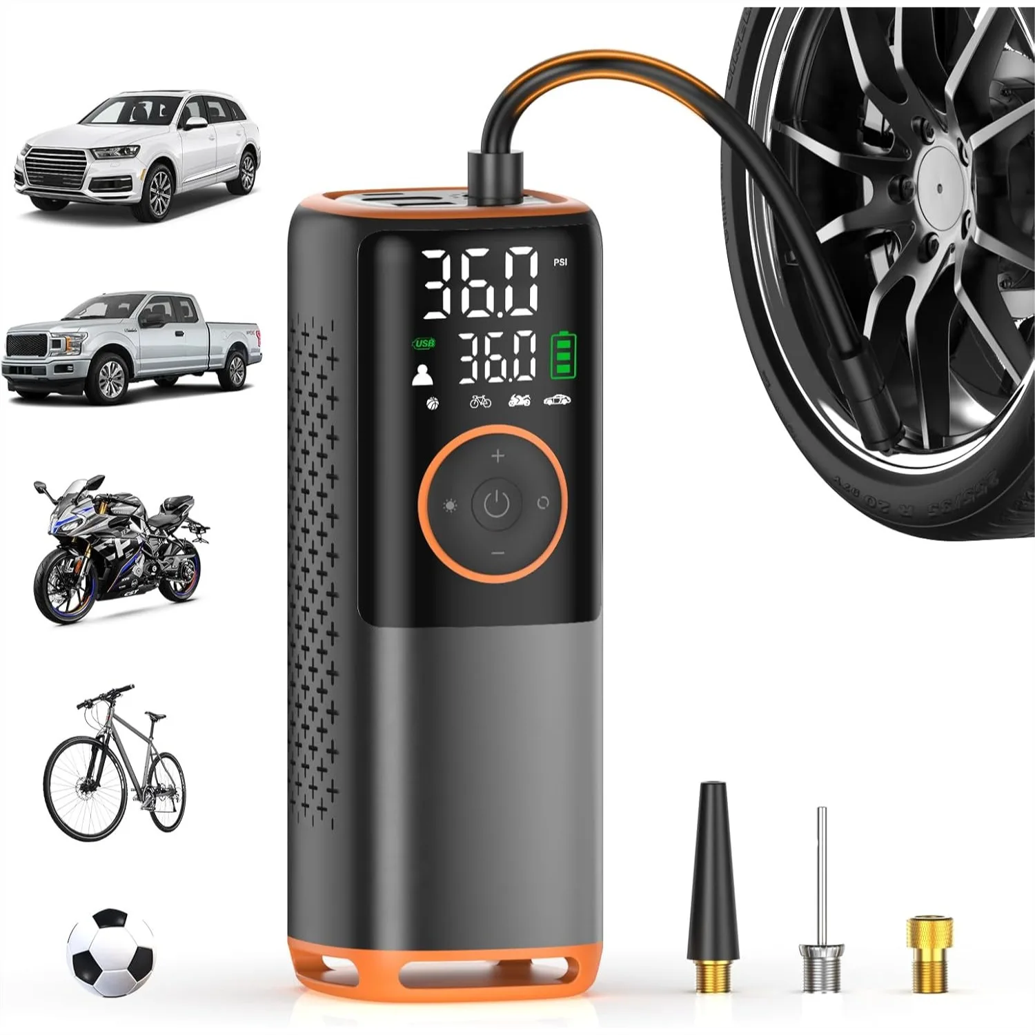 Portable Air Compressor Tire Inflator with 160 PSI, Dual Screen Display, Power Bank & Emergency Lights for Car Bike Motorcycle