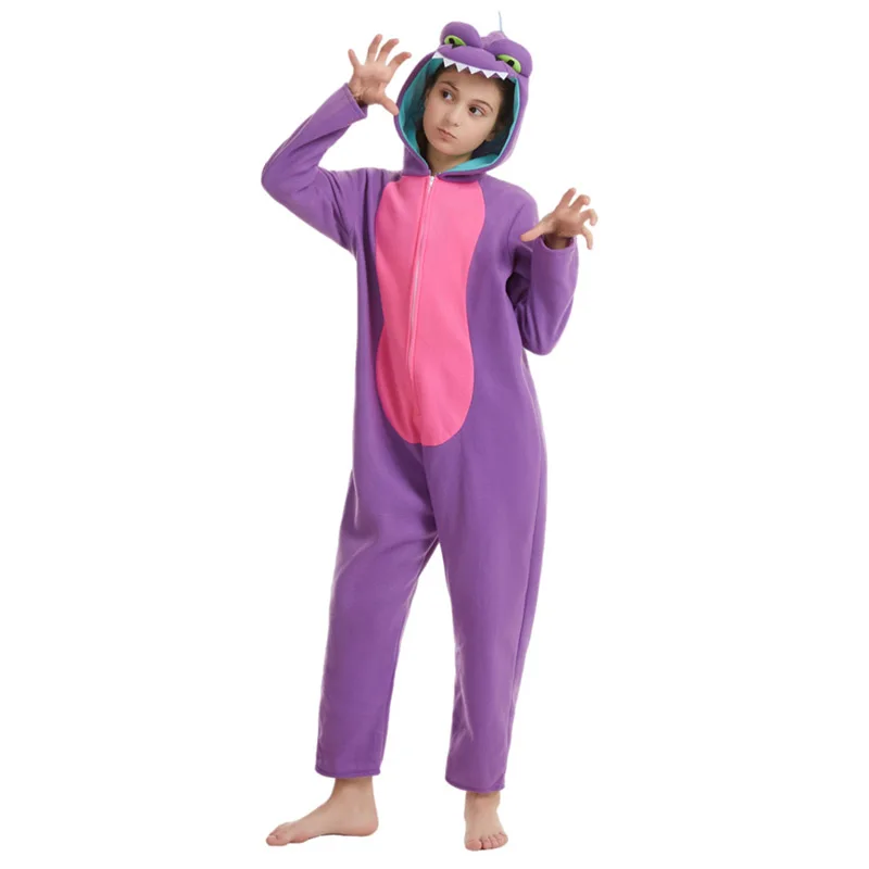 2025 Kids Purple Dinosaur Onesie Cartoon Animal Jurassic World Hooded Pyjamas Kids Barney Halloween Costume Jumpsuit for Girls