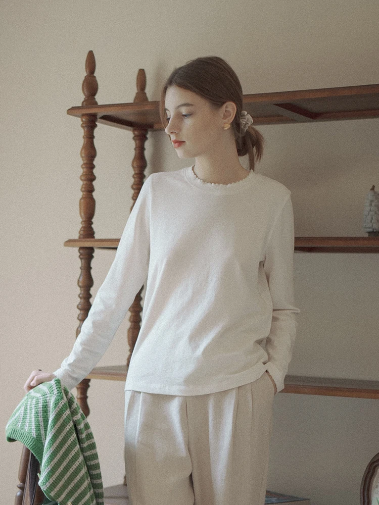 

MARCHNOON Women's Long Sleeve T-Shirt Luxury Silk Wool Cotton Basic Style Slim Fit Base Layer White under Shirt Casual Autumn