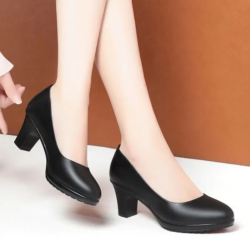 Zapatos De Mujer Women Classic Round Toe Black Bow Tie Slip on Square Heel Pumps Lady Sexy Party & Office Stylish High Shoes A30