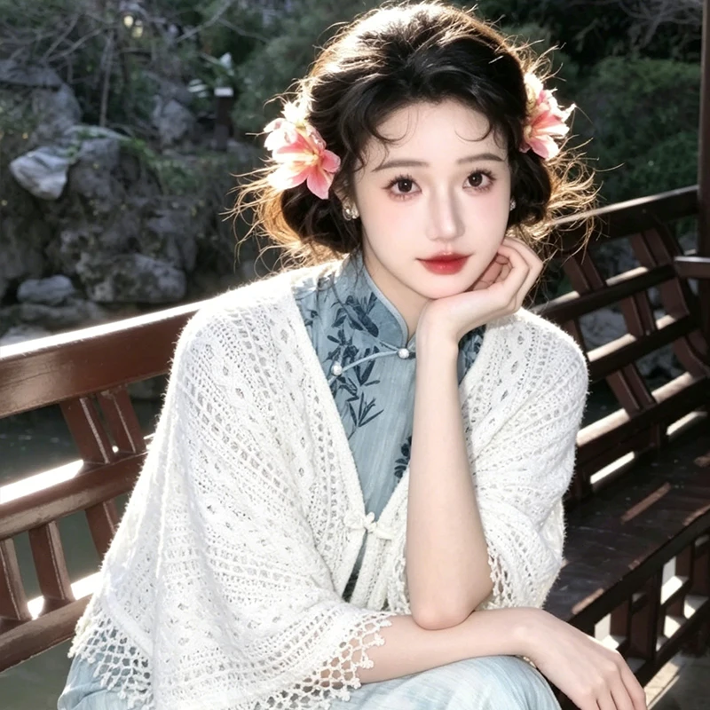 White  Shawl Women's Outerwear 2026 New Spring Autumn Chinese Style Air Conditioned Room Poncho Knitted Cardigan
