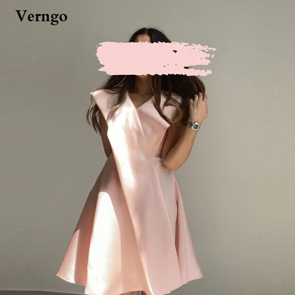 

Verngo Baby Pink Satin Party Dresses V Neck Cap Sleeves Knee Length Formal Homecoming Dress Prom Gowns Cocktail Dress Arabic