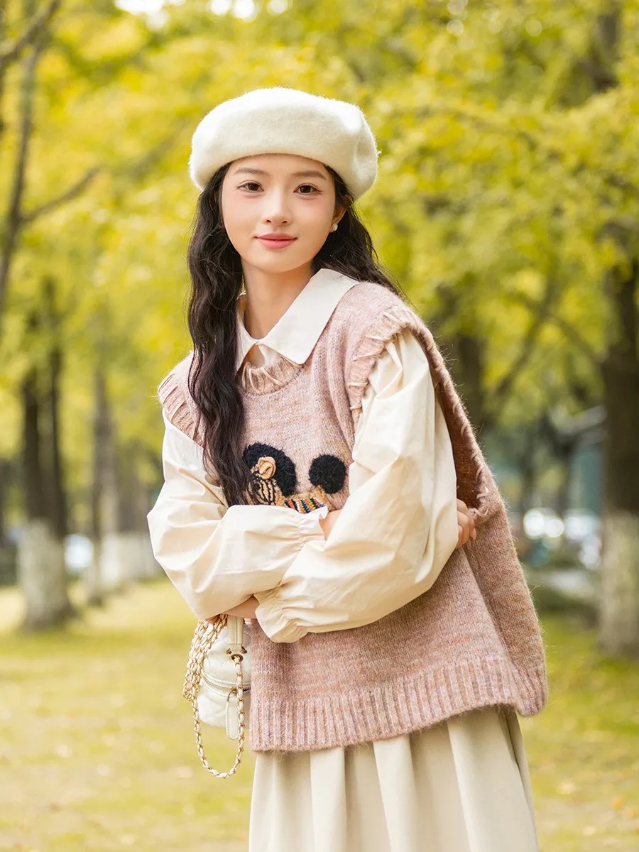 

Ladies' Loose Knitted Embroidered Vest Top Spring New Sle Left Bank Lazy Sle Small Stitching Women's Faion