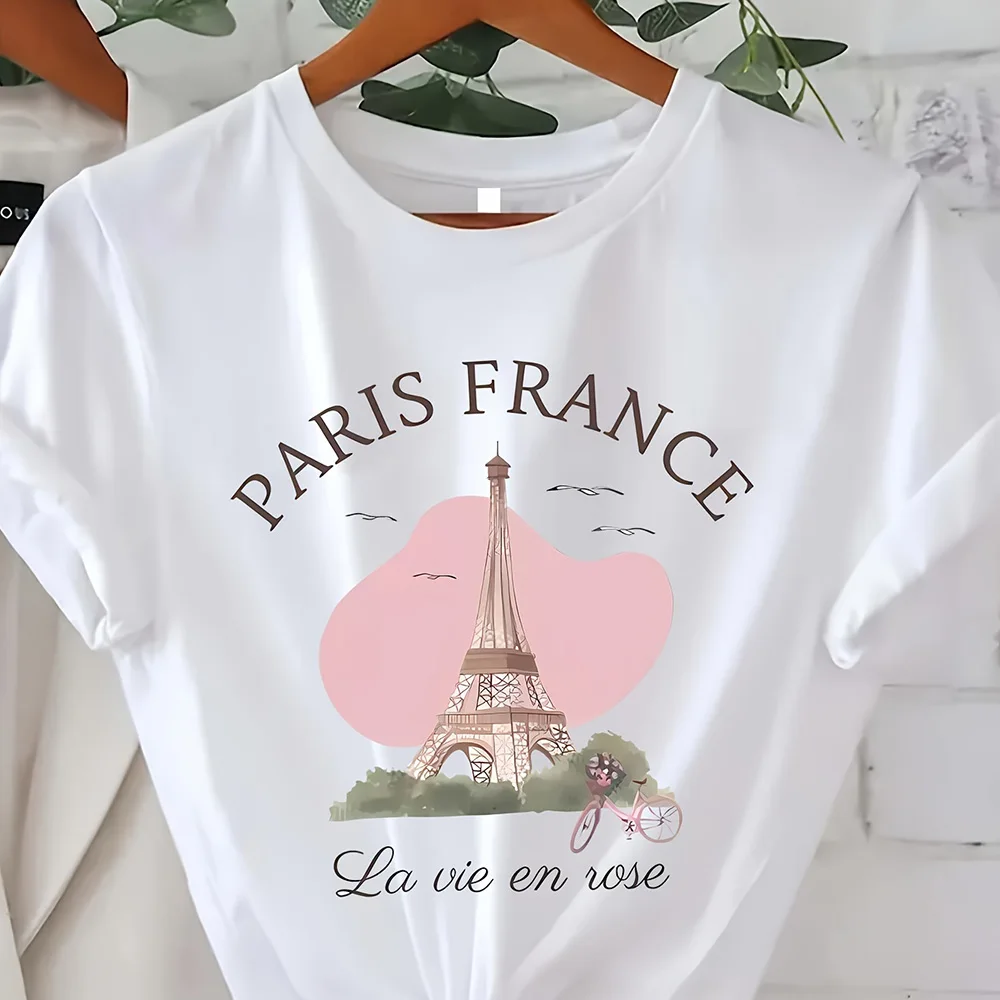 Vintage Elegant O-neck Short Sleeved T-shirt Paris Tower Printed Top High-quality Comfortable And Minimalist Women's Clothing