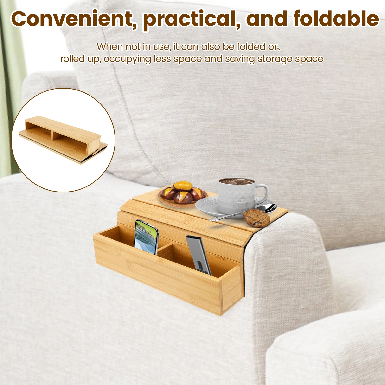 Bamboo Sofa Arm Tray Foldable Couch Cup Holder Anti-Slip for Drinks Snacks Remote Control Magazine Organizer