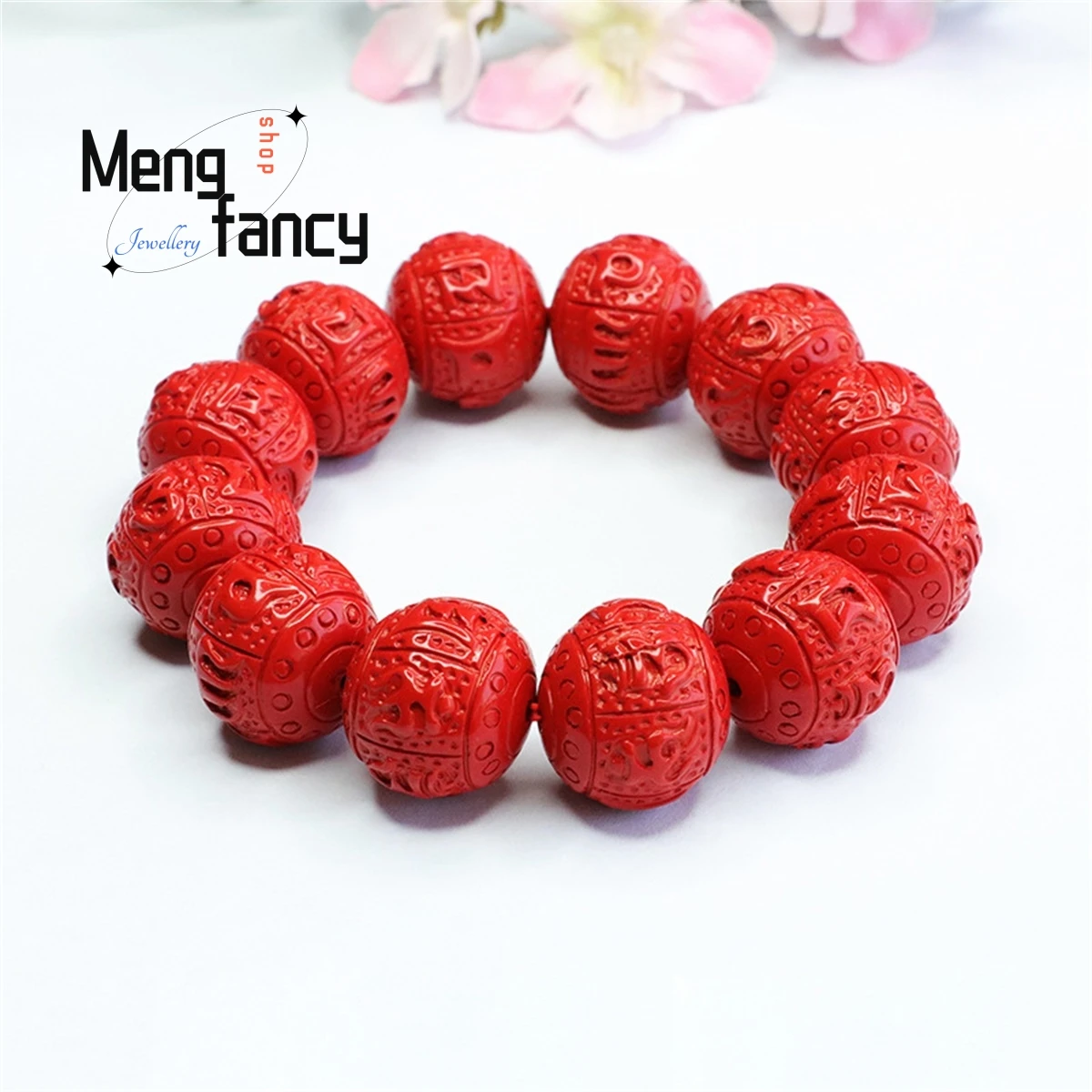 Natural Cinnabar Six-character Motto Beads Bracelet Simple Generous Personality Retro Men Women Amulet Mascot Charm Fashion Gift