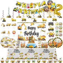 Construction Birthday Party Decoration Excavator Vehicle Theme Tableware Cups Plates Tractor Truck Balloons Supplies For Kids