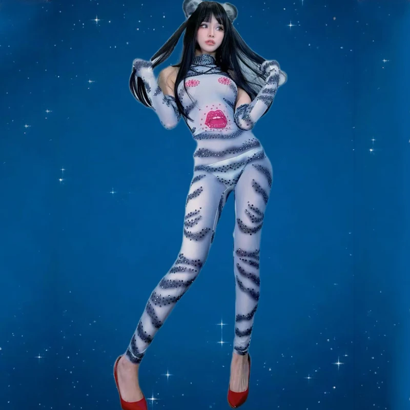 Drag Queen Kostüm Tiger Muster Strass Overall Frauen Pole Dance Rave Outfit Bar Nachtclub Dj Bühne Gogo Tragen XS10411