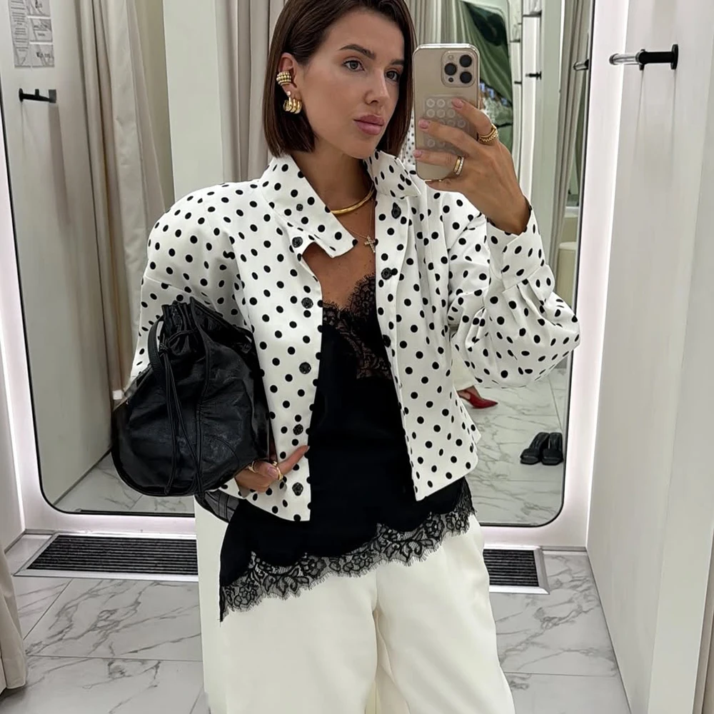 

Ticketsx Polka Dots Blazer Women's Stand Collar Long Sleeve Single Breasted Loose Cost Lady Formal Casual Holiday Tailored Coat