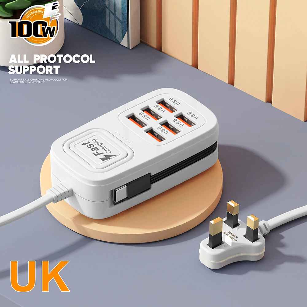 6-in-1 Desktop-Ladestation USB-Schnellladegerät Steckdosenleiste Typ C Multifunktionaler Ladeadapter EU US UK Stecker Ladebuchse