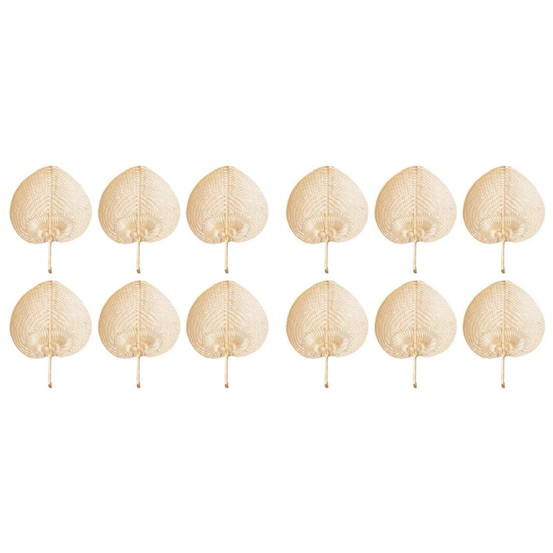 

12X Natural Handmade Straw Fan Hand-Woven Palm Leaf Hand Woven Summer Cooling Mosquito Repellent Hand Fans