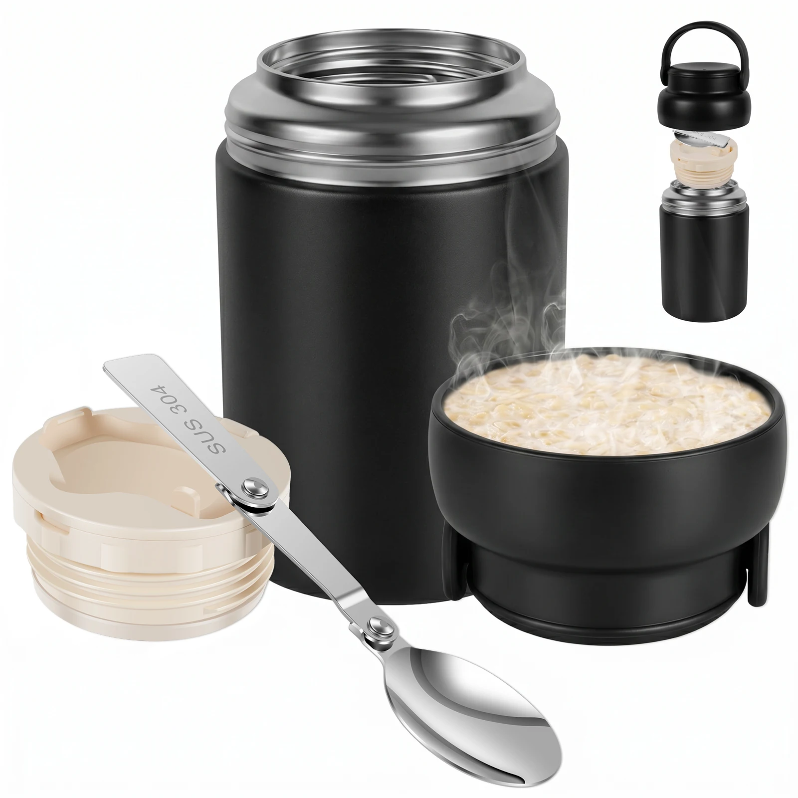 Stainless Steel Insulation Food Container with Spoon Portable Wide Mouth Soup Flask With Handle For Outdoor Workers Kids Student