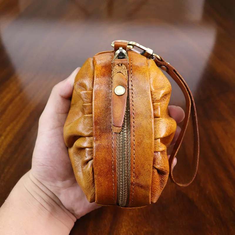 Cow Leather Mini Vintage Purse Coin Purse Card Bag Key Bag Zipper Change Purse Personality Wrinkled Coin Purse for Men and Women