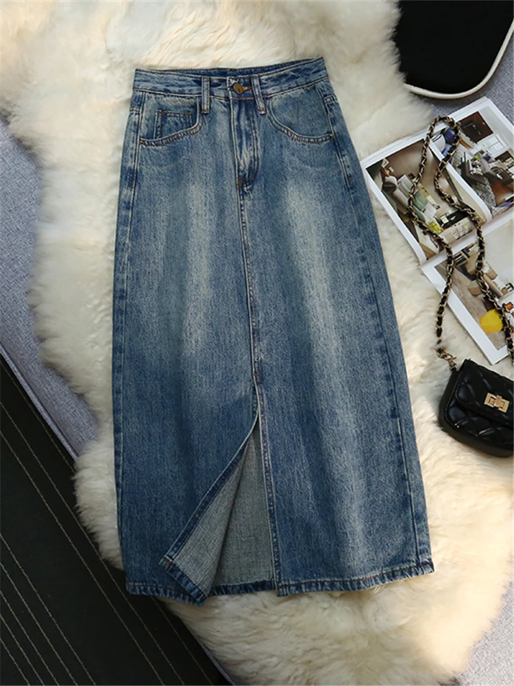 2023 novo botão de cintura alta jeans envoltório a-line saias femininas azul primavera verão frente split denim saias compridas das mulheres