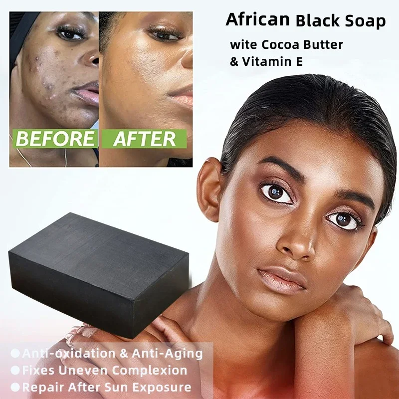 

African Black Handmade Soap Bar Black Organic Cocoa Butter Vitamin E Bubbly Rich Skin Oil Control Soap For Face Body