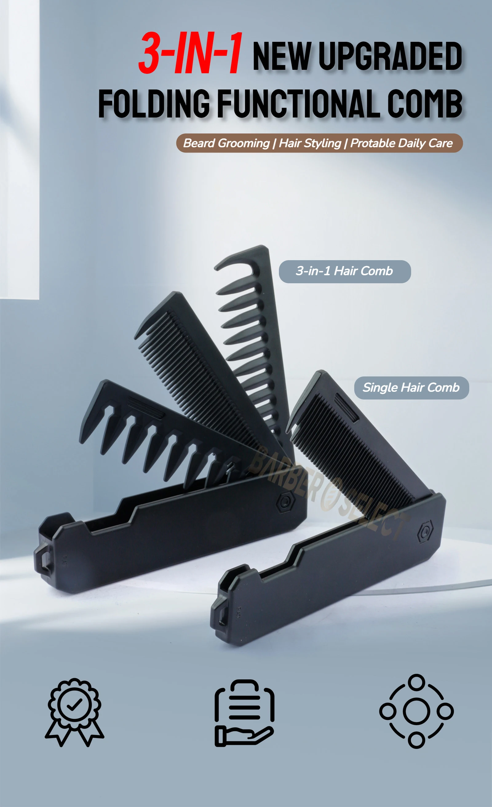 Neuester 1/2/3-in-1 tragbarer Klappkamm, Friseur-Clipper-Kamm, breitzahniger Kamm für Ölhaar, Mini-Bartkamm, Styling-Werkzeug für den Salon. – Detail 5