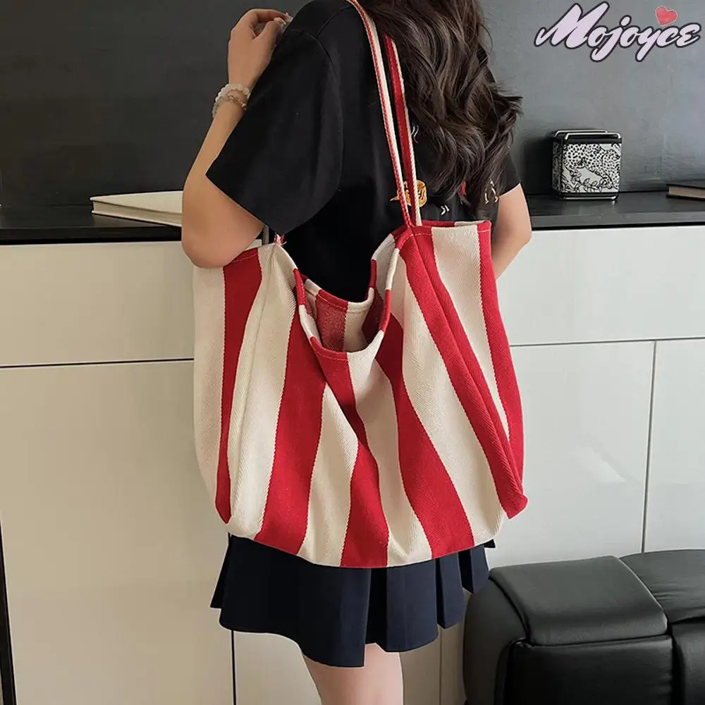 

Striped Canvas Bag Beach Shoulder Bags Retro Simple Tote Handbag Large Capacity Travel Rucksack Daily Shopping Underarm Pouch