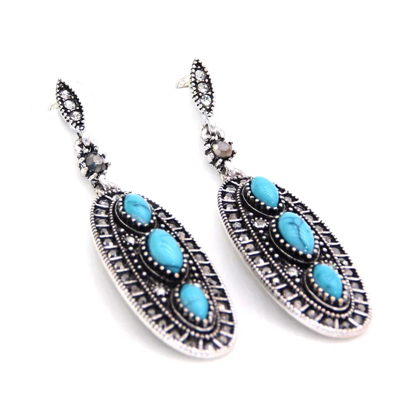 Sunspicems Vintage Turkish Women Drop Earrings Artificial turquoise Bohemia Long Earring Antique Silver Color Nepalese Jewelry