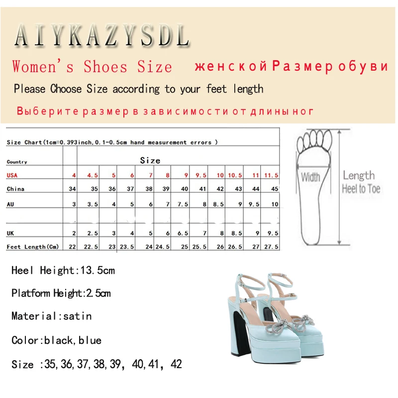 AIYKAZYSDL Point Toe Crystal Rhinestone Bow Knot Butterfly-knot Pumps Ankle Strap Platform Block Chunky High Heel Shoes Sandals