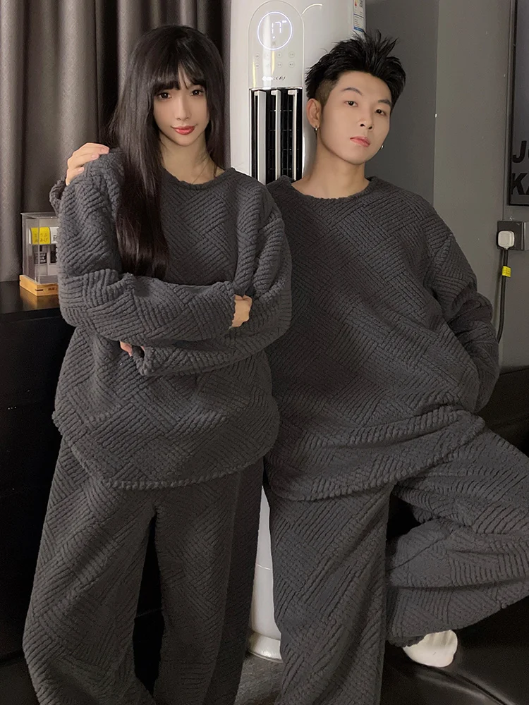 DAIMELU autumn and winter sleepwear couple pajamas women's coral fleece flannel thickened warm men's high-end loungewear suit
