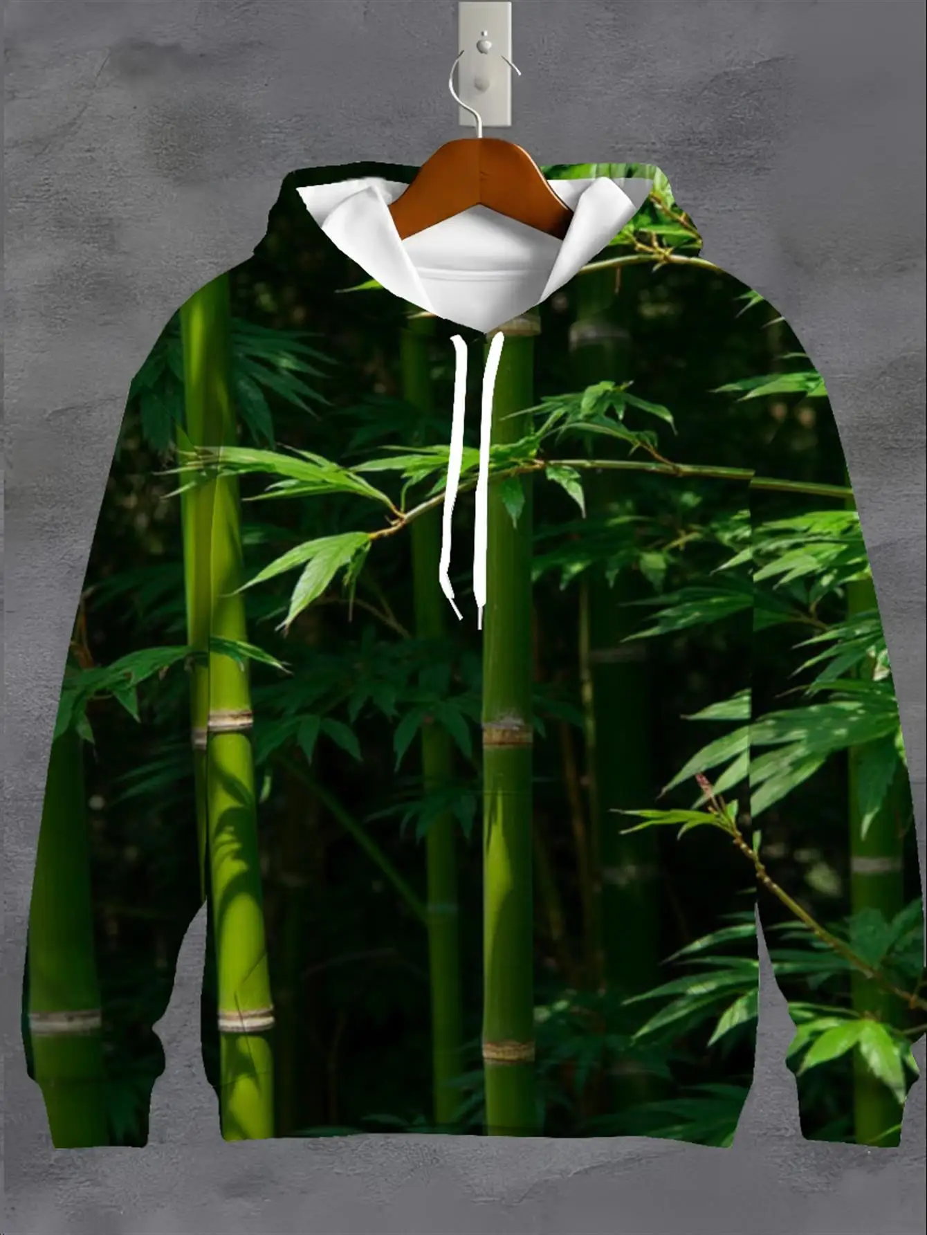 Men Drawstring Hoodie Green Bamboo Forest Foliage 3D All Over Print Casual Long Sleeve Pullover Sweatshirt