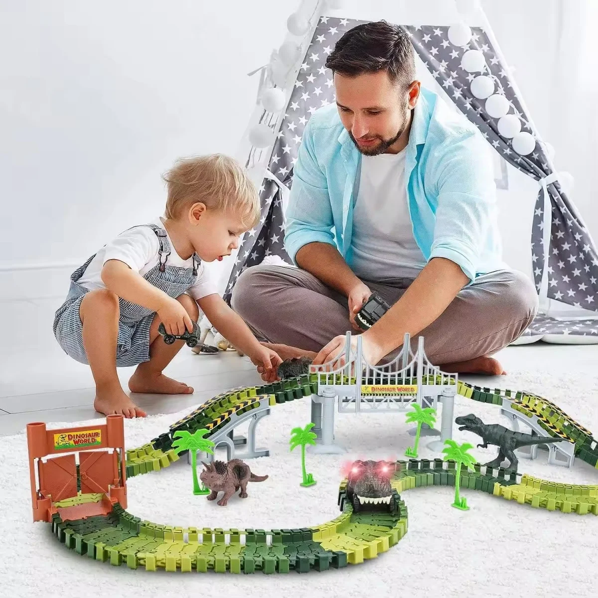 Dinosaur Toys,244 PCS Create A Dinosaur World Road Race Tracks,Flexible Track Playset, Dinosaur Car for Kids Christmas Gift