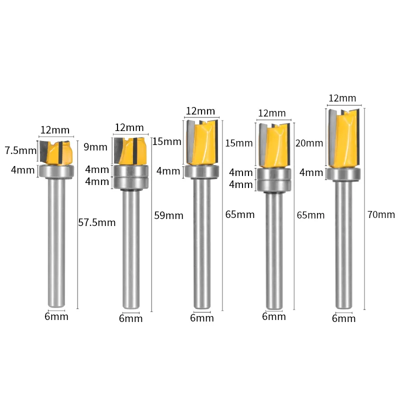 Three blade bearing edge trimming knife, 6mm shank diameter solid tungsten steel material, woodworking milling cutter