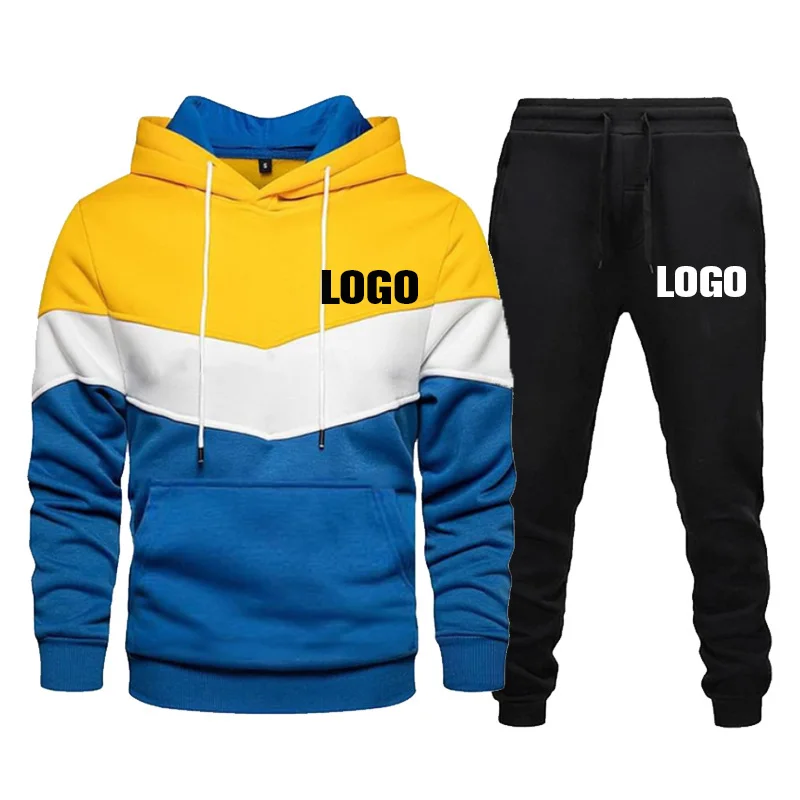 Custom Logo Men's Tracksuits Color Stitching Hoodie and Pants Two Piece Set Casual Sportswear Autumn Winter Men Jogging Suits