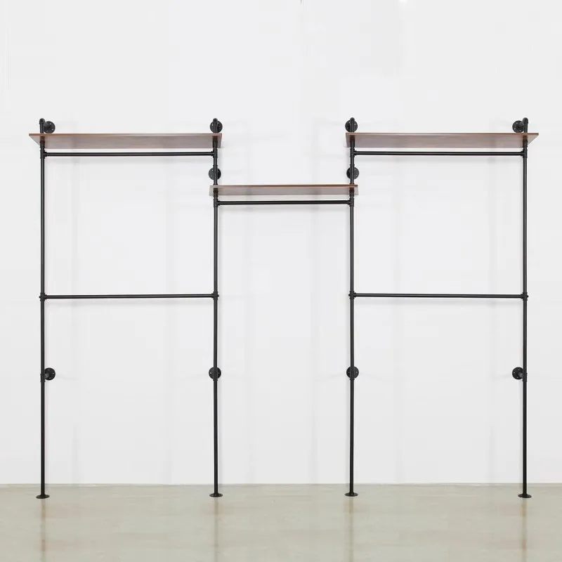 Industrial Pipe Clothing Rack Wall Mounted 5 Hanging Rods Garment Bar with Storage Shelf Heavy Duty Metal Clothes Closet System