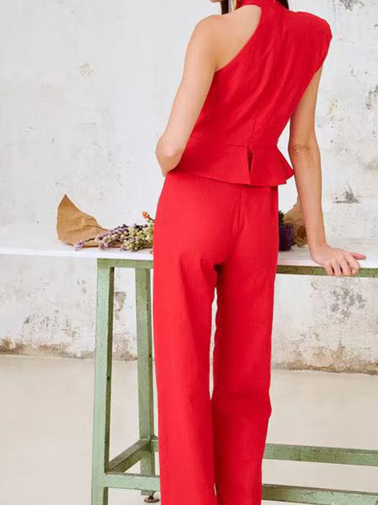 

Новые летние женские прямые брюки, комбинезоны, модные комбинезоны нестандартной формы с открытыми плечами, повседневные однотонные комбинезоны без рукавов с лямкой на шее