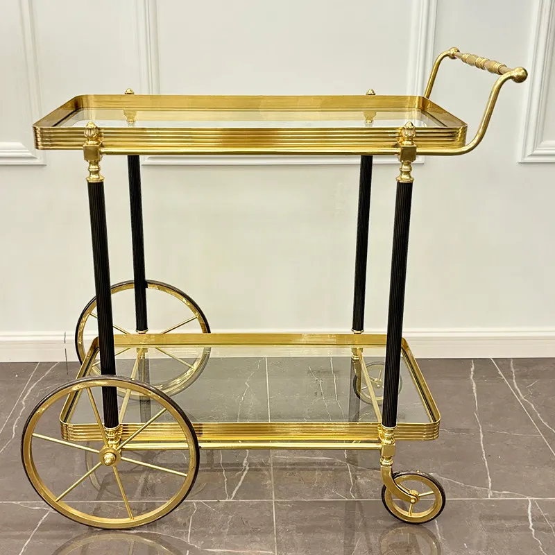 

French mobile trolley, high-end storage car, hotel wine cart, retro all-copper double-layer dining car, restaurant food truck