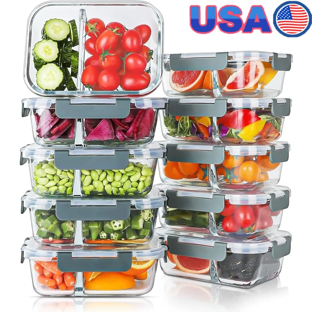 

10 упаковок стеклянных контейнеров для приготовления еды, 30 унций, герметичные коробки для хранения продуктов, 2 отделения, коробки для бенто, герметичные для микроволновой печи, можно мыть в посудомоечной машине