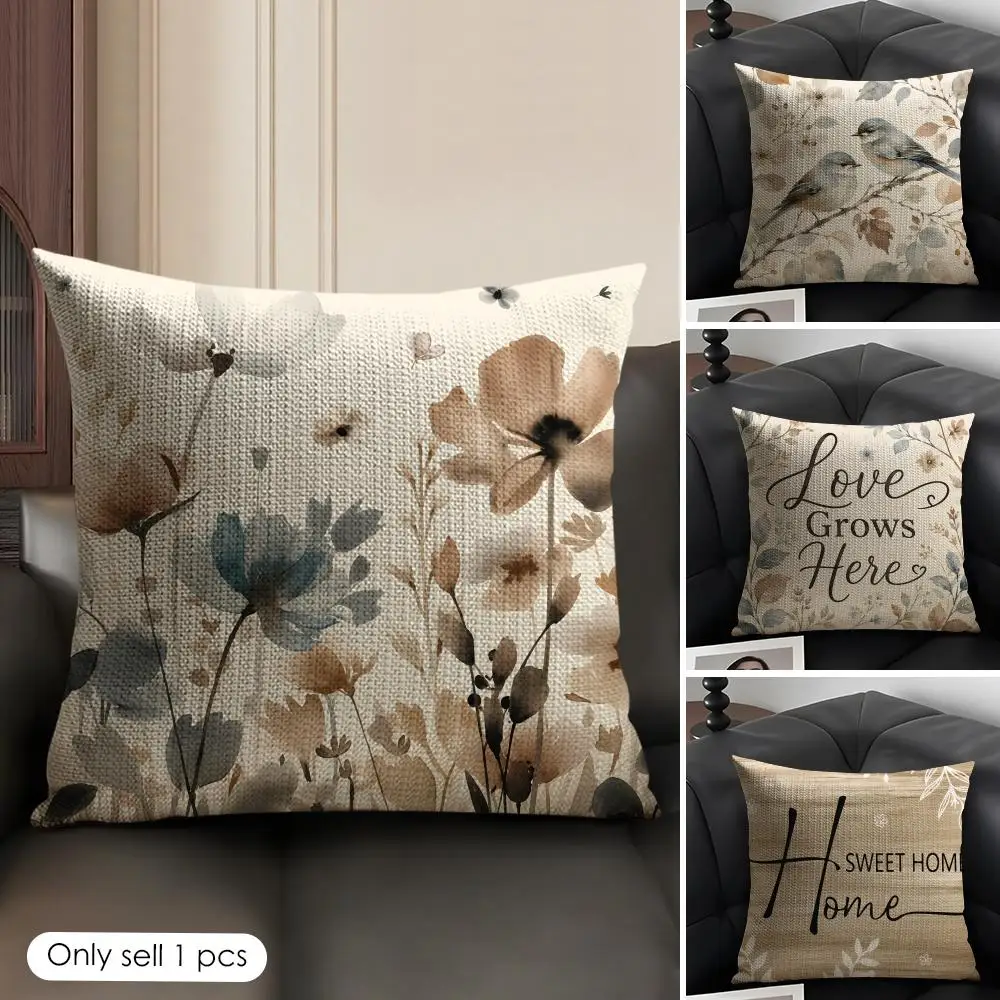 Bird Flower Pattern Cushion Cover Natural Linen Organic Fabric Double Sided Print Sofa Pillow Case Home Decor Gift